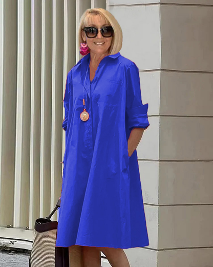 Teresa | Midi dress with long sleeves and loose fit, shirt collar