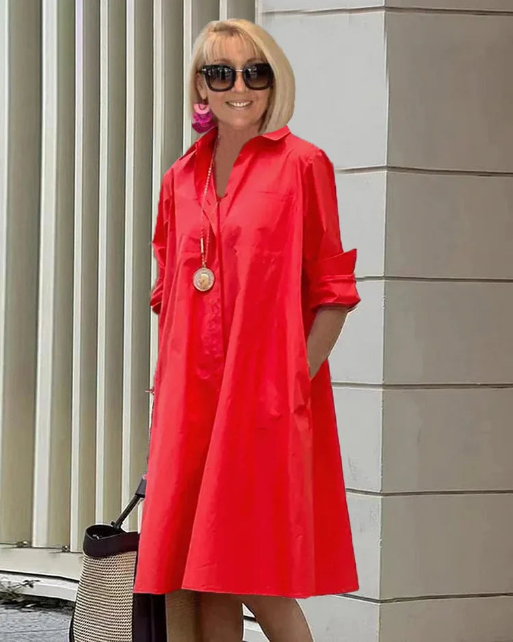 Teresa | Midi dress with long sleeves and loose fit, shirt collar