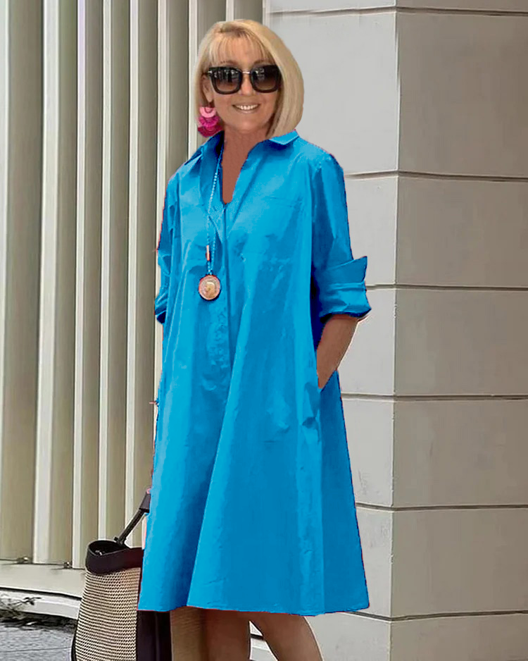 Teresa | Midi dress with long sleeves and loose fit, shirt collar