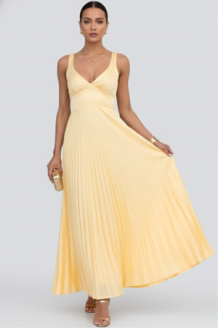 Alicia | Vestido maxi de mujer con escote en V y falda plisada