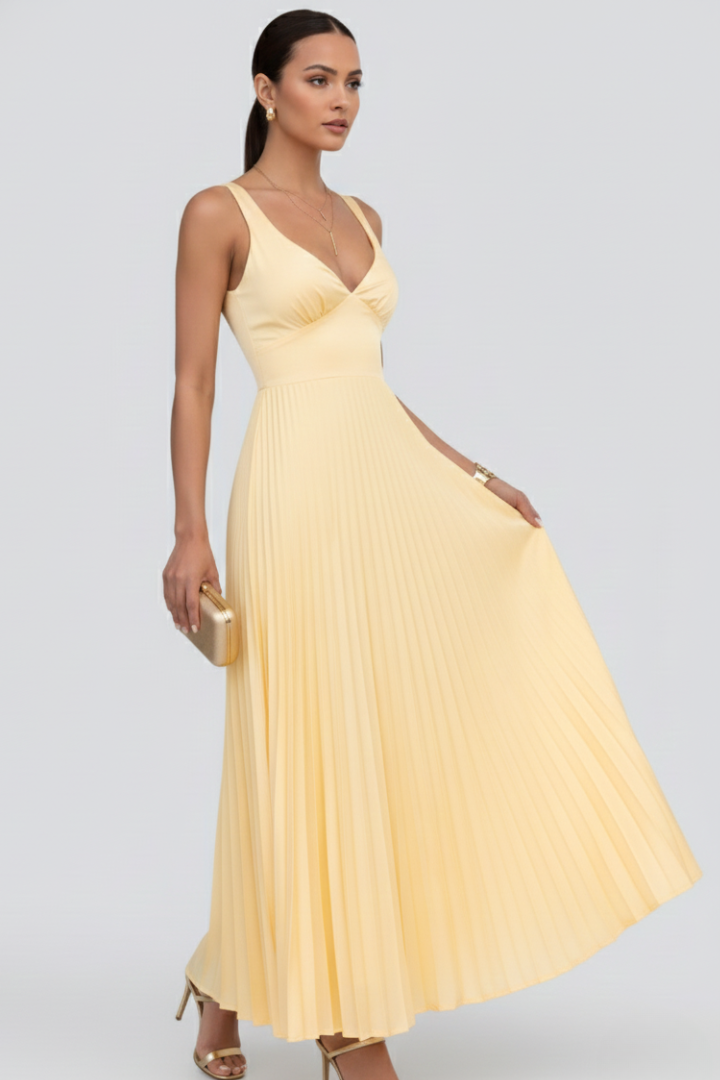 Alicia | Vestido maxi de mujer con escote en V y falda plisada