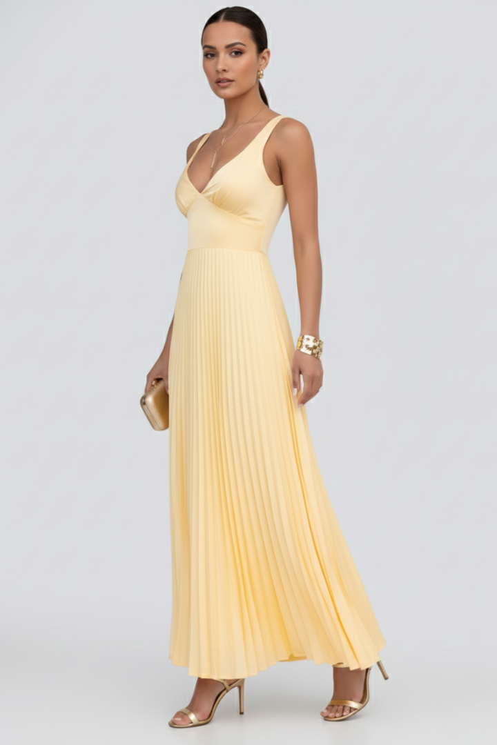 Alicia | Vestido maxi de mujer con escote en V y falda plisada