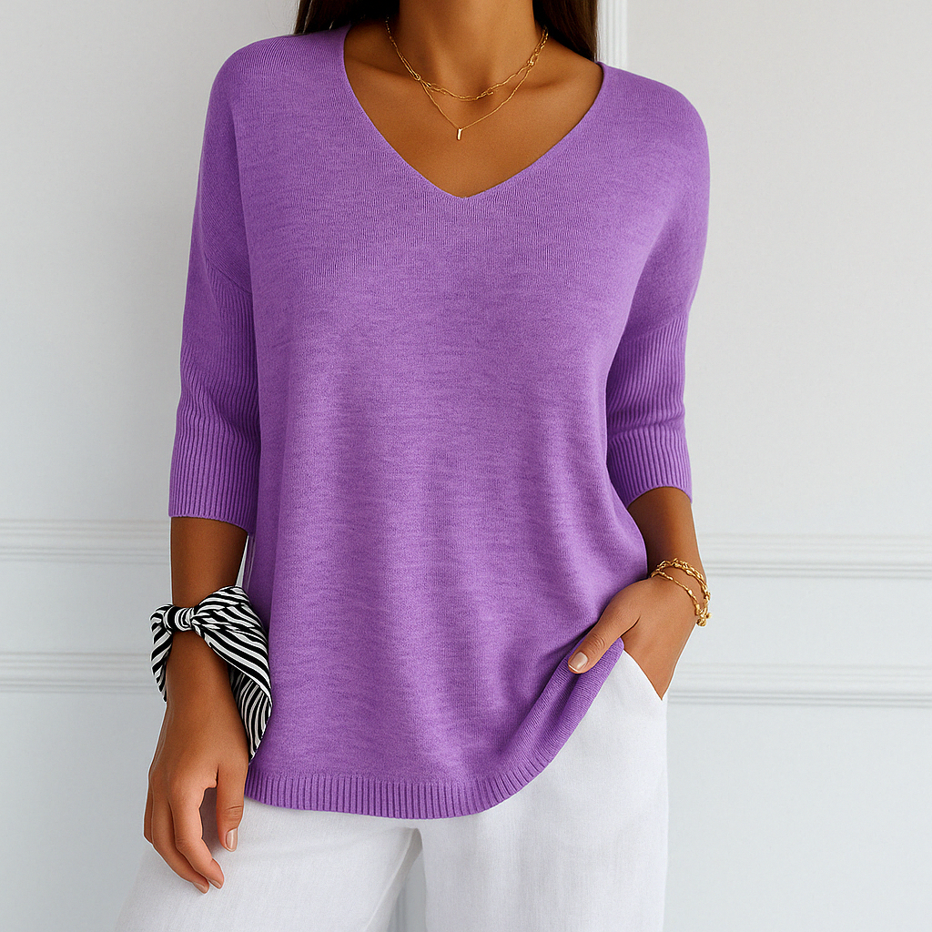 Elaris | Pull à manches courtes et col en V pour femme, coupe décontractée