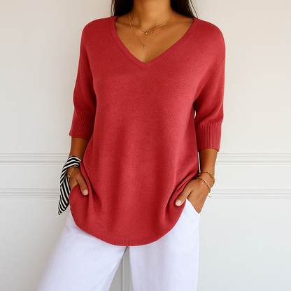 Elaris | Pull à manches courtes et col en V pour femme, coupe décontractée