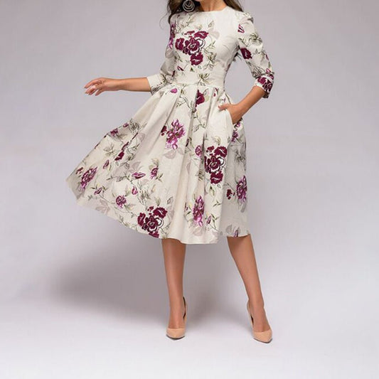 Valeria | Robe midi avec imprimé floral et col rond