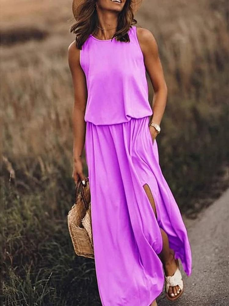 Kariela | Vestido maxi elegante para mujer con abertura lateral | Sin mangas
