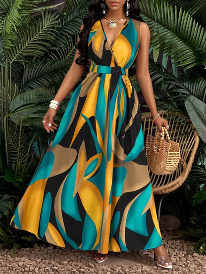 Paula | Vestido maxi para mujer con cuello V y estampado abstracto