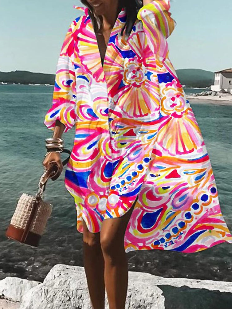 Rosario | Vestido midi tipo camisa con estampado floral y manga larga
