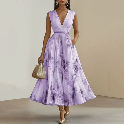 Rosella | Robe Longue Plissée Florale à Col en V