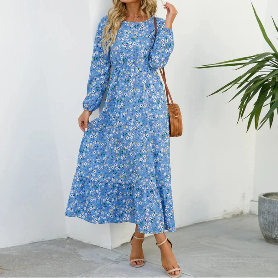 Abril | Vestido maxi para mujer con manga larga y estampado floral de verano