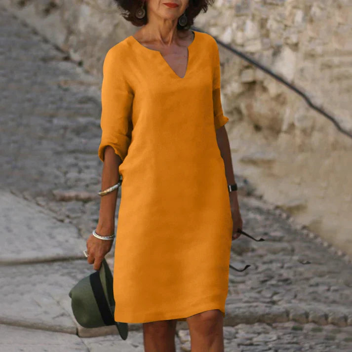 Lucía | Vestido midi elegante para mujer con escote en V y manga larga