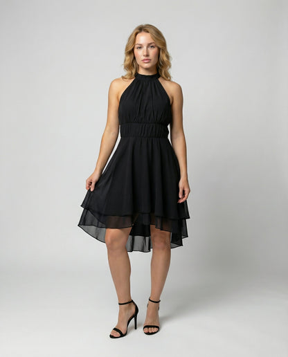 Delmara | Vestido mini para mujer con cuello halter y falda en capas | Acampanado