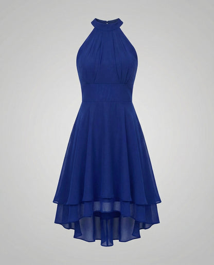 Delmara | Vestido mini para mujer con cuello halter y falda en capas | Acampanado
