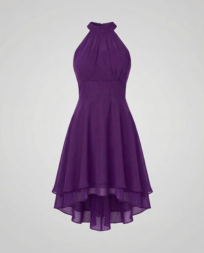 Delmara | Vestido mini para mujer con cuello halter y falda en capas | Acampanado