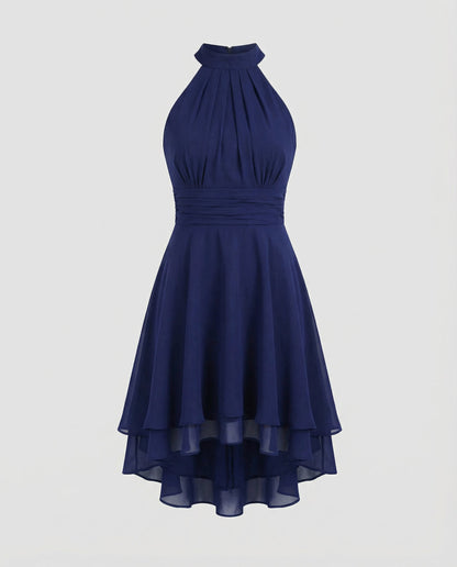 Delmara | Vestido mini para mujer con cuello halter y falda en capas | Acampanado