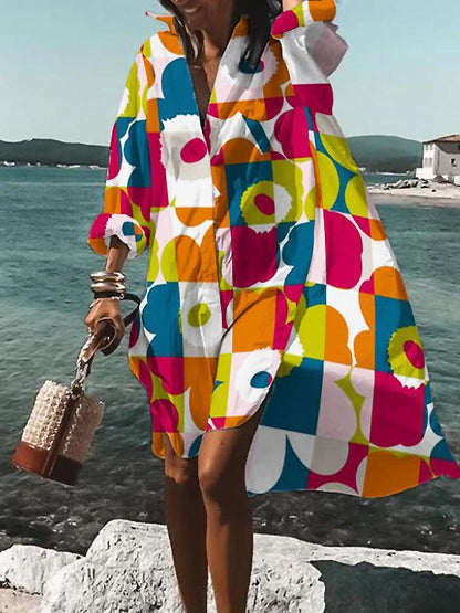 Rosario | Vestido midi tipo camisa con estampado floral y manga larga