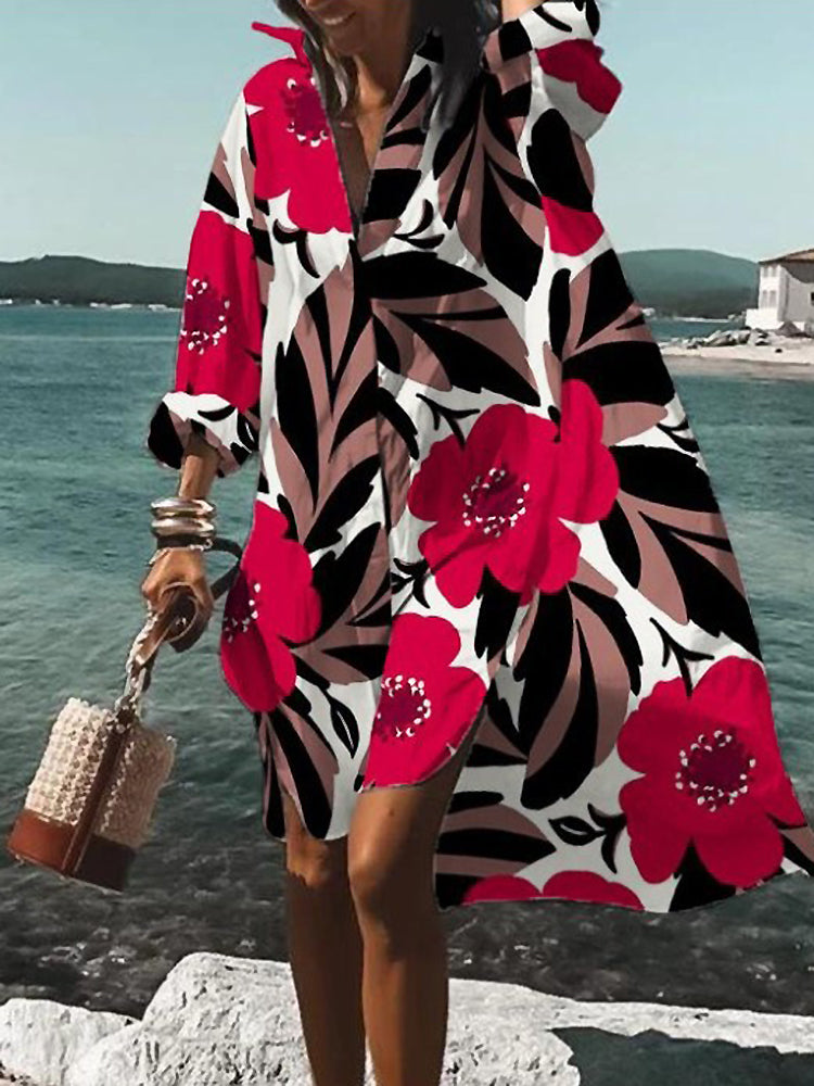 Rosario | Vestido midi tipo camisa con estampado floral y manga larga