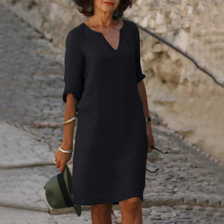 Lucía | Vestido midi elegante para mujer con escote en V y manga larga