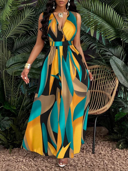 Paula | Vestido maxi para mujer con cuello V y estampado abstracto