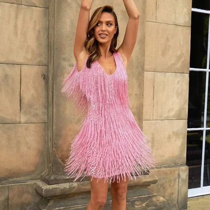 Maddi | Vestido de Cóctel Clásico para Mujer con Flecos y Plumas