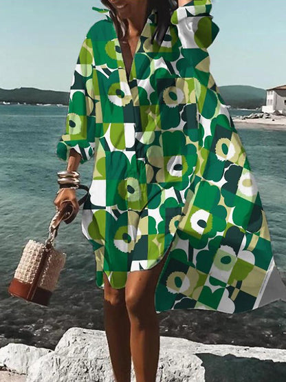 Rosario | Vestido midi tipo camisa con estampado floral y manga larga
