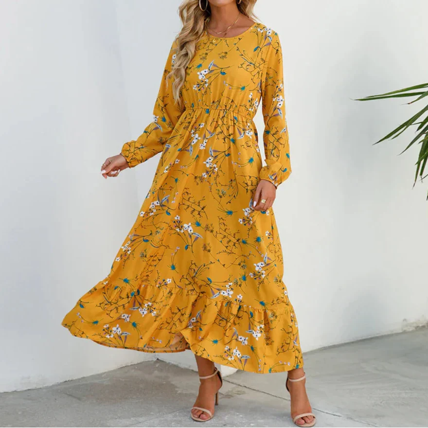 Abril | Vestido maxi para mujer con manga larga y estampado floral de verano