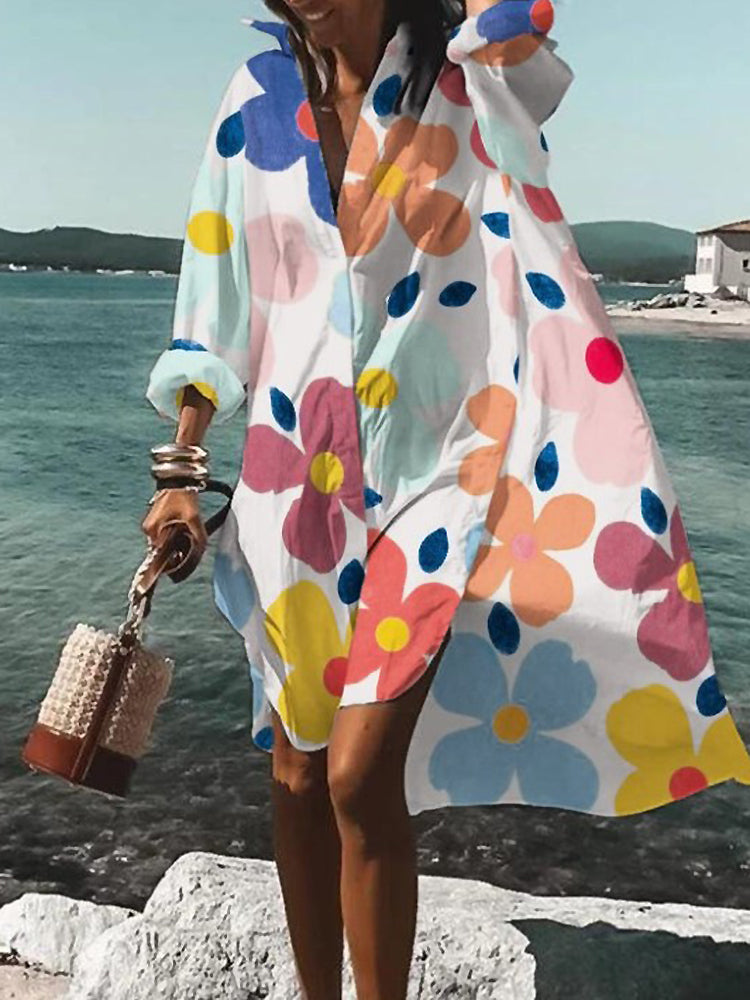 Rosario | Vestido midi tipo camisa con estampado floral y manga larga