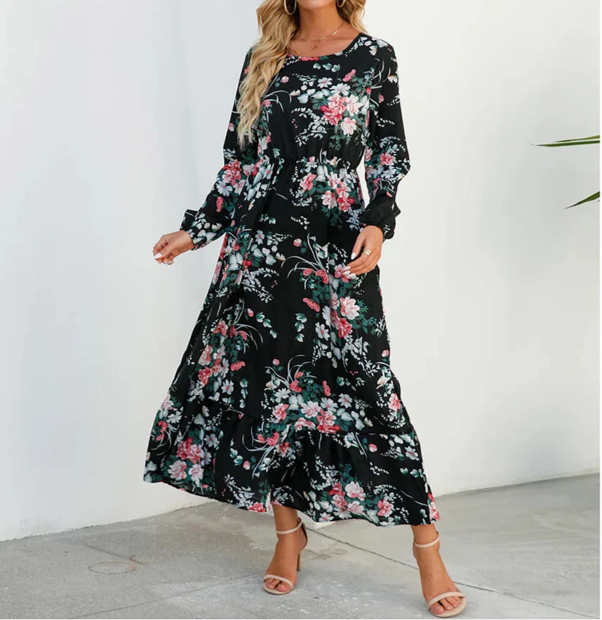 Abril | Vestido maxi para mujer con manga larga y estampado floral de verano