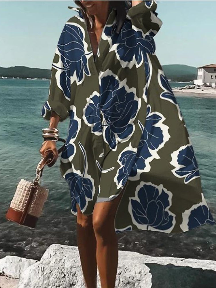 Rosario | Vestido midi tipo camisa con estampado floral y manga larga