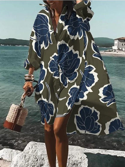 Rosario | Vestido midi tipo camisa con estampado floral y manga larga