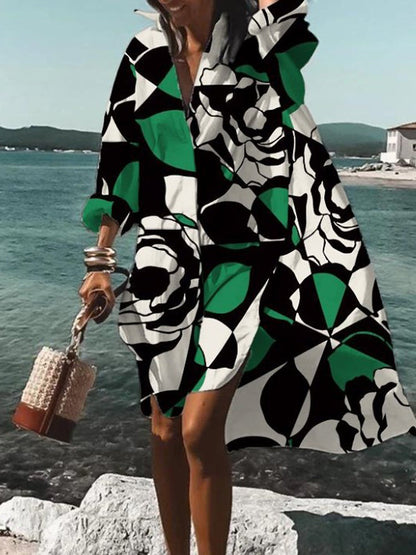 Rosario | Vestido midi tipo camisa con estampado floral y manga larga