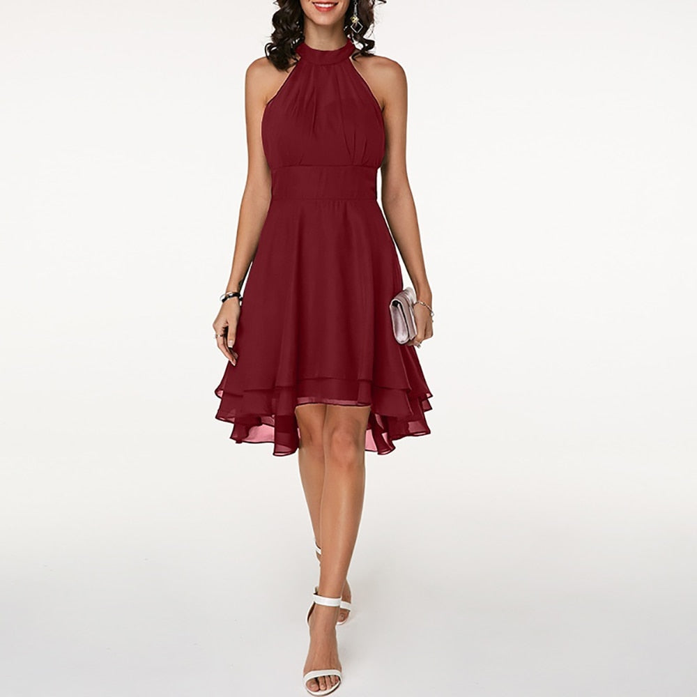 Delmara | Vestido mini para mujer con cuello halter y falda en capas | Acampanado