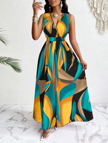 Paula | Vestido maxi para mujer con cuello V y estampado abstracto