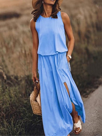 Kariela | Vestido maxi elegante para mujer con abertura lateral | Sin mangas