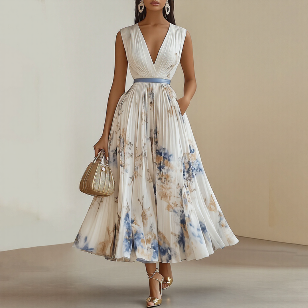 Rosella | Robe Longue Plissée Florale à Col en V
