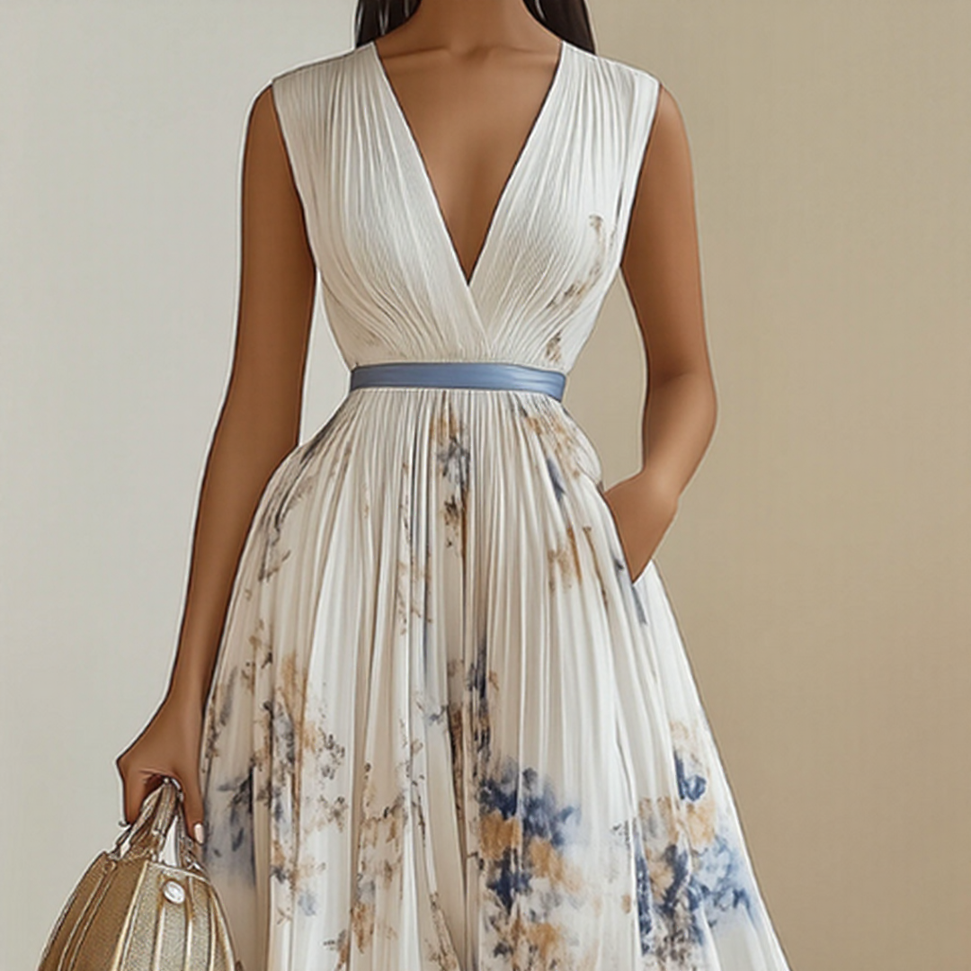 Rosella | Robe Longue Plissée Florale à Col en V