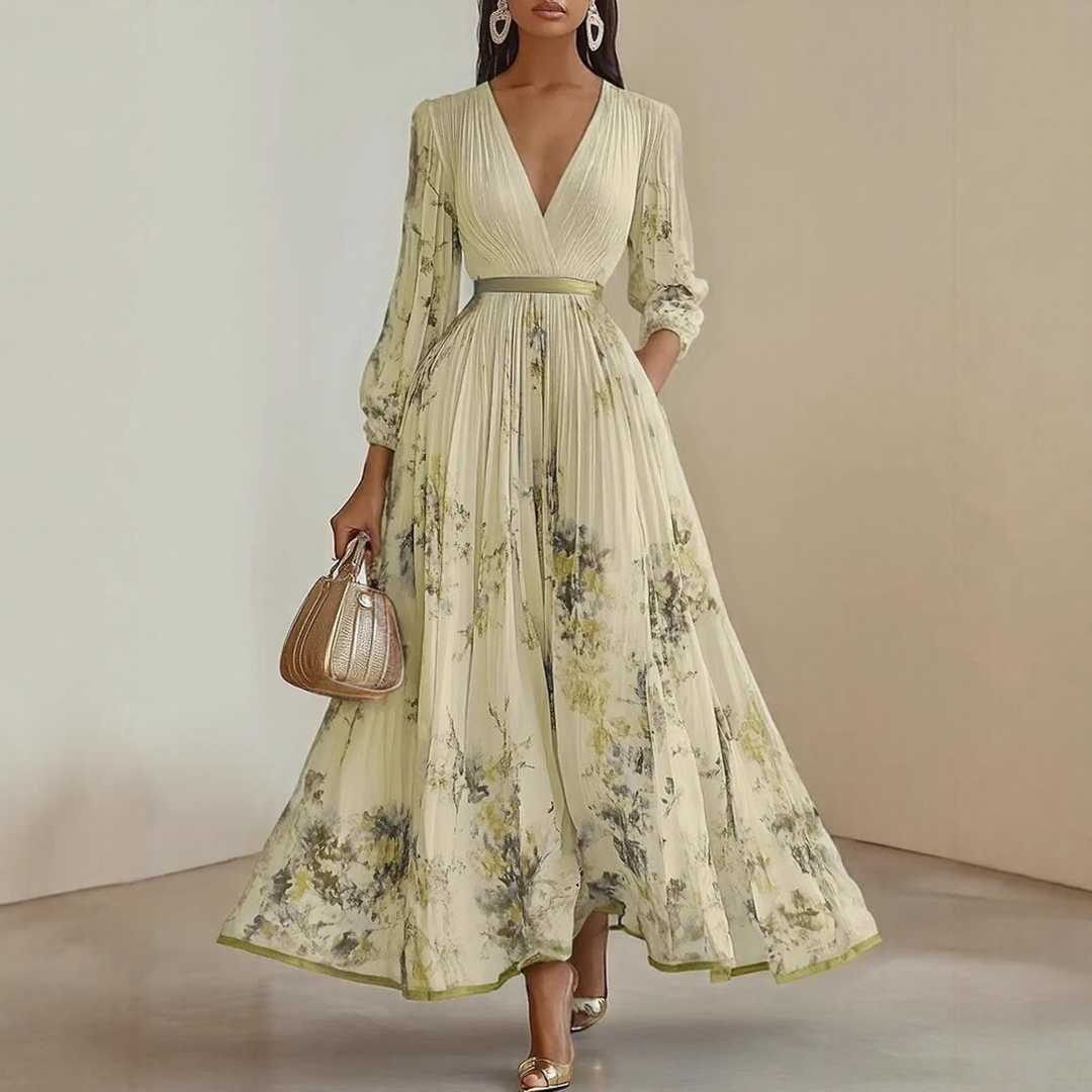 Rosella | Robe Longue Plissée Florale à Col en V
