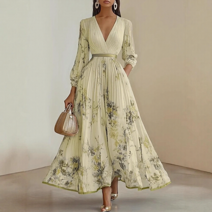 Rosella | Robe Longue Plissée Florale à Col en V