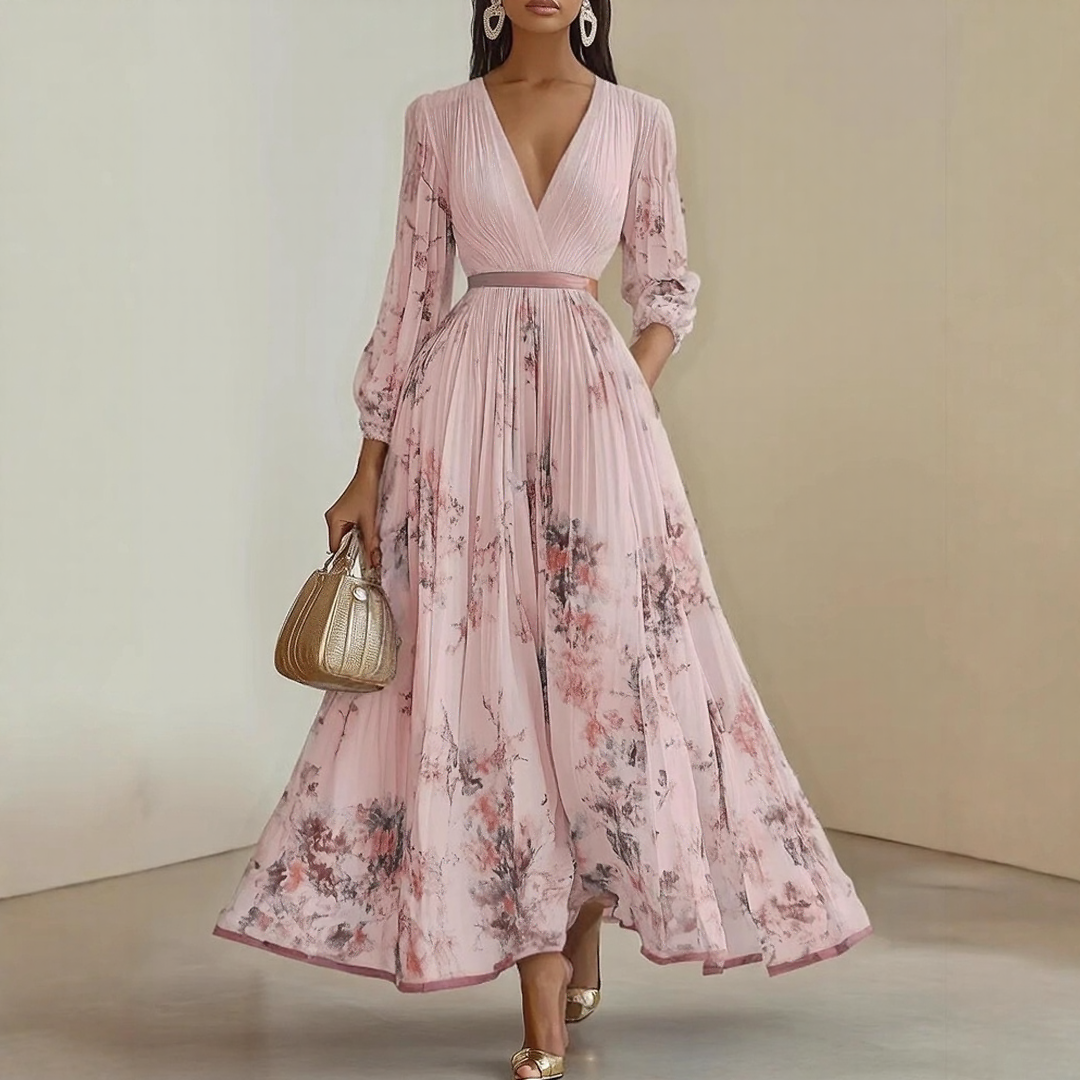 Rosella | Robe Longue Plissée Florale à Col en V