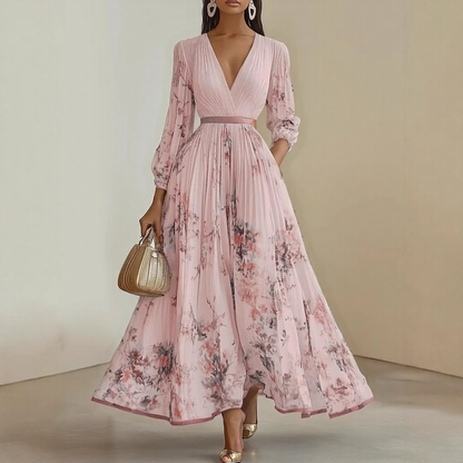 Rosella | Robe Longue Plissée Florale à Col en V