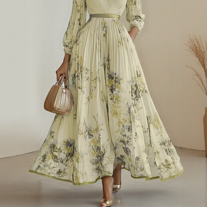 Rosella | Robe Longue Plissée Florale à Col en V