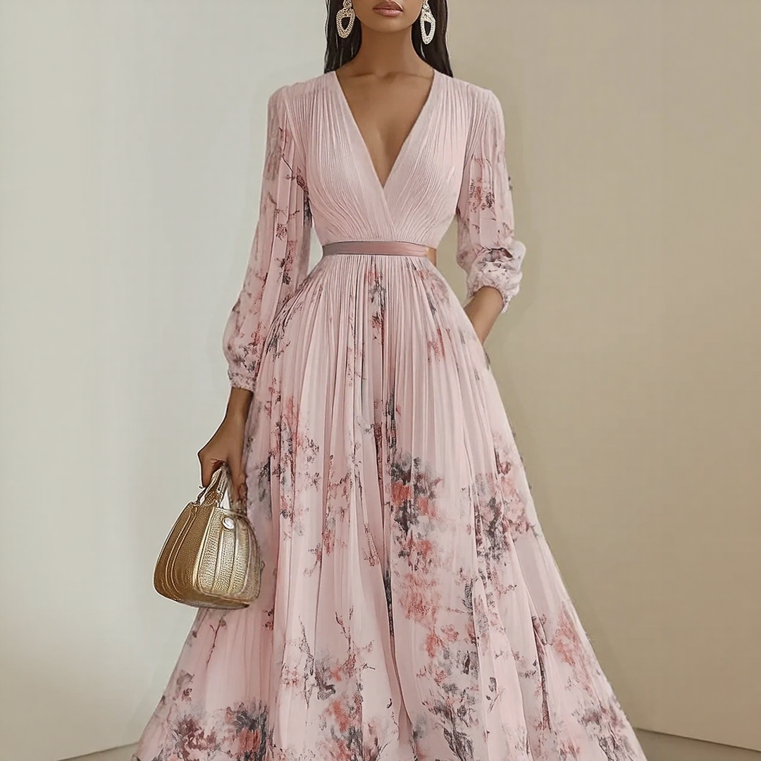 Rosella | Robe Longue Plissée Florale à Col en V