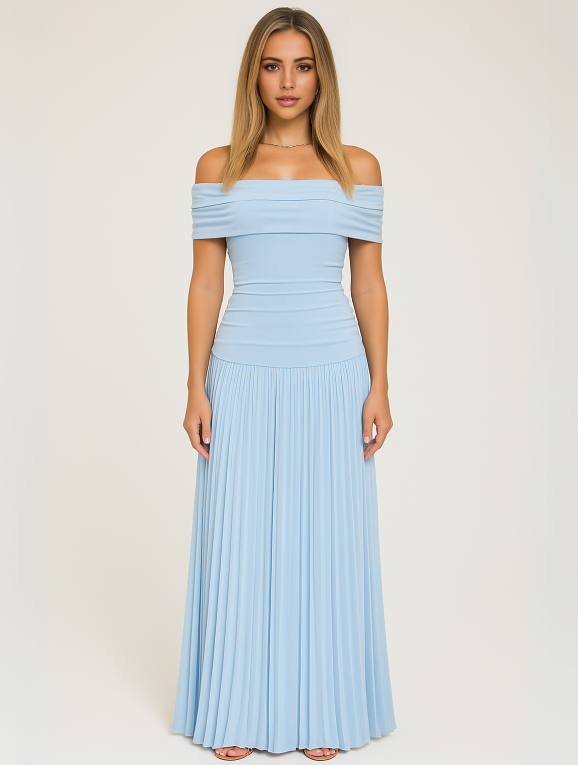 Dalia | Women's pleated maxi wedding dress with off-shoulder design