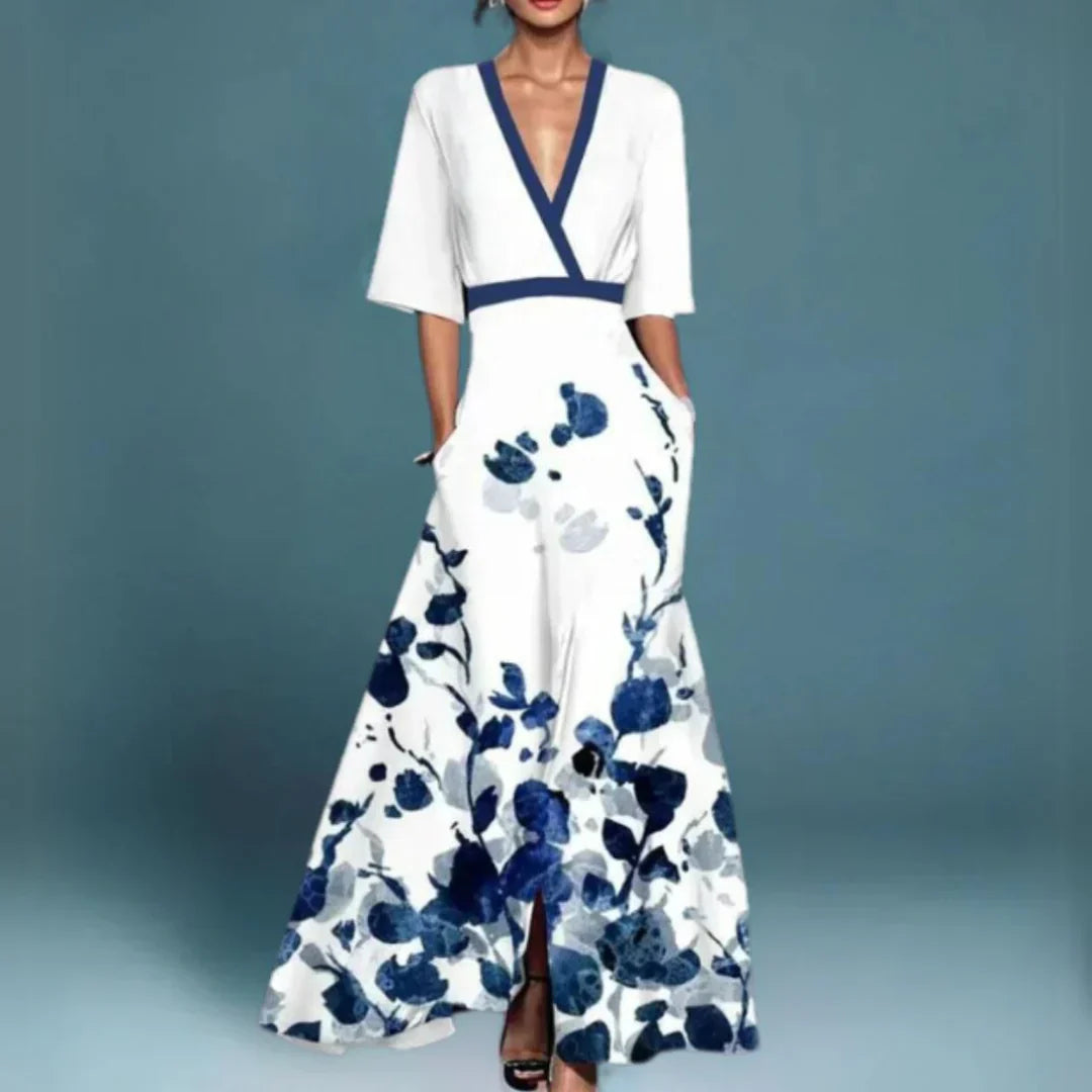 Verónica | Vestido maxi elegante con estampado floral y escote cruzado
