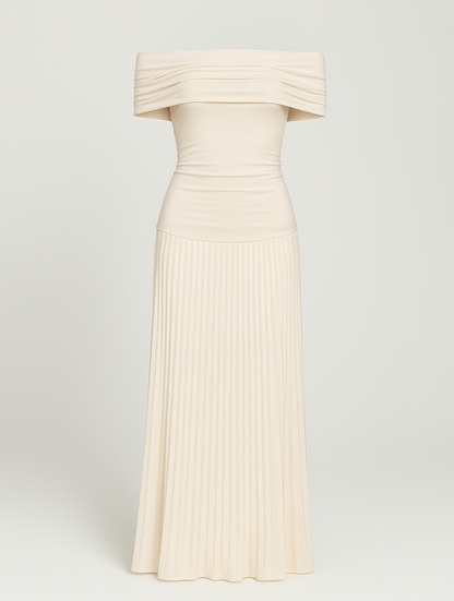 Dalia | Women's pleated maxi wedding dress with off-shoulder design