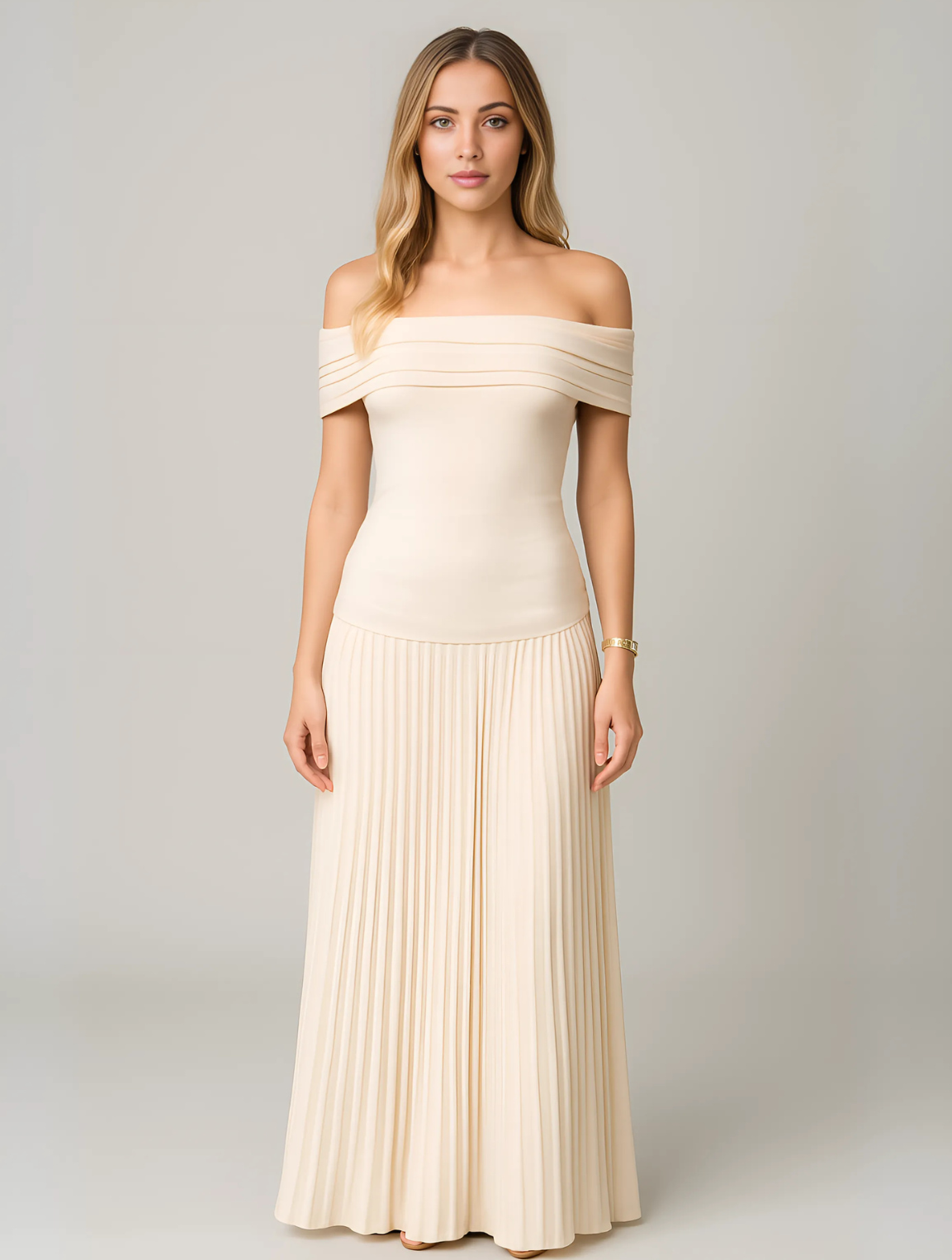 Dalia | Women's pleated maxi wedding dress with off-shoulder design