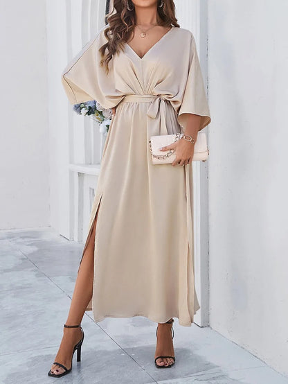 Esmeralda | Femme robe longue à encolure en V et fente latérale ample