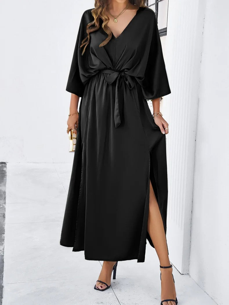 Esmeralda | Femme robe longue à encolure en V et fente latérale ample
