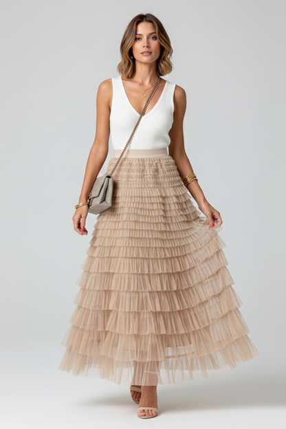 Teresa | Women's layered tulle midi skirt with elastic waist