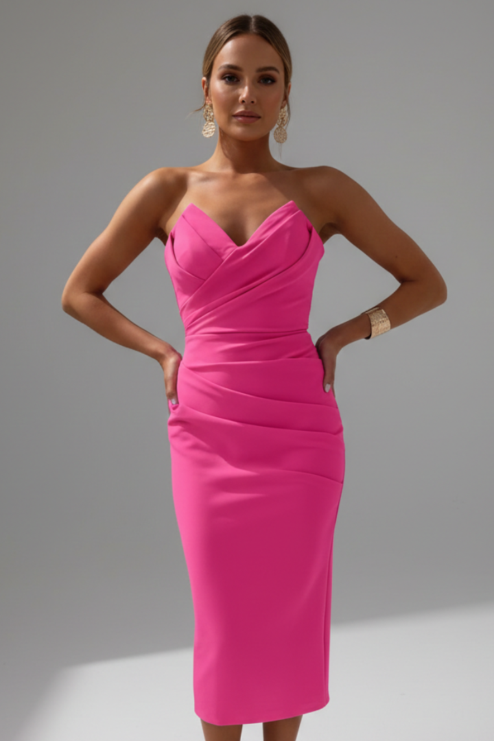 Silvia | Women's Strapless Ruched Detail Midi Dress